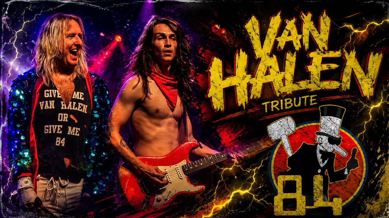 '84 Van Halen Tribute live at 37 Main Buford featuring high-energy performers recreating the classic Van Halen era with electrifying stage lights, iconic costumes, blazing guitar solos, and arena-rock excitement. Ultimate Van Halen tribute concert experience near Atlanta.