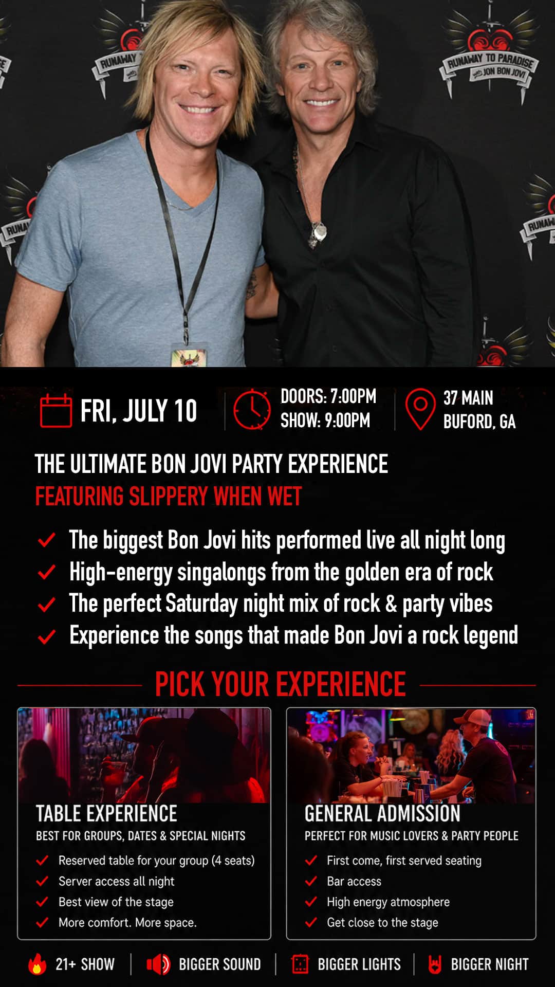Slippery When Wet Bon Jovi tribute band live at 37 Main in Buford, Georgia on Friday, July 10. Promotional concert flyer featuring the ultimate Bon Jovi party experience with live rock hits, singalongs, VIP table reservations, and general admission tickets near Atlanta.