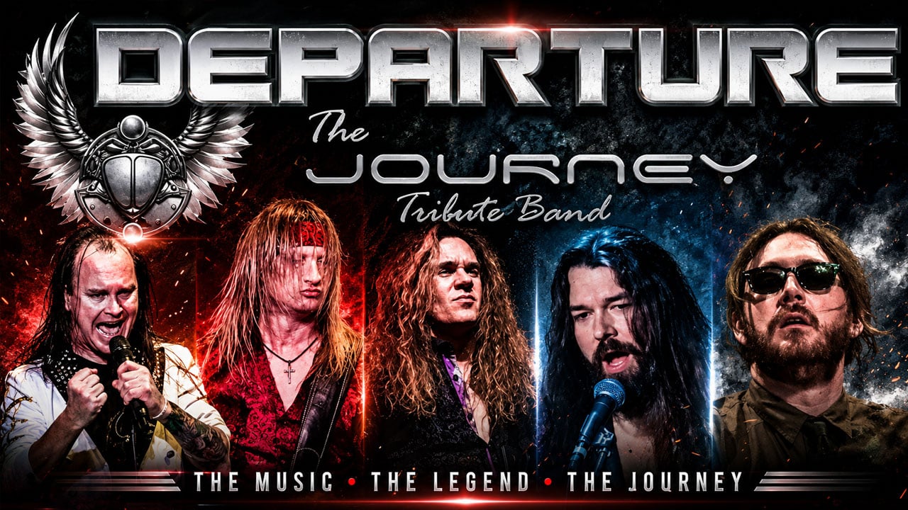 Departure, the premier Journey tribute band, performs live at 37 Main Buford. Promotional concert artwork featuring band members recreating the iconic look and sound of Journey with dramatic stage lighting, classic rock styling, and arena-concert energy. Experience Journey’s greatest hits live near Atlanta.