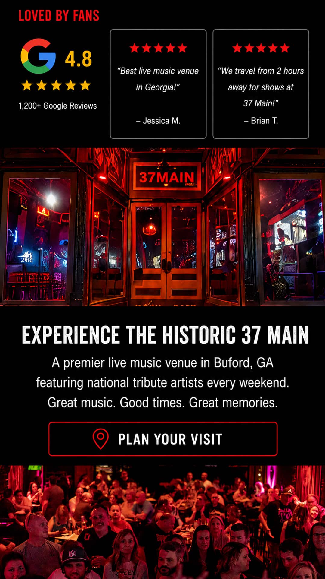 Historic 37 Main live music venue in Buford, GA featuring nationally touring tribute bands, packed crowds, nightlife, dinner, drinks, and concert atmosphere near Atlanta