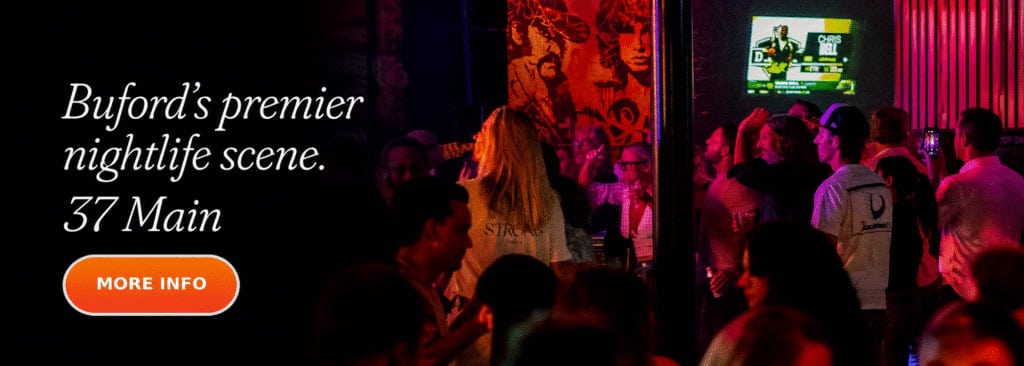 Nightlife crowd at 37 Main in historic Buford Georgia featuring cocktails, dancing and late night entertainment
