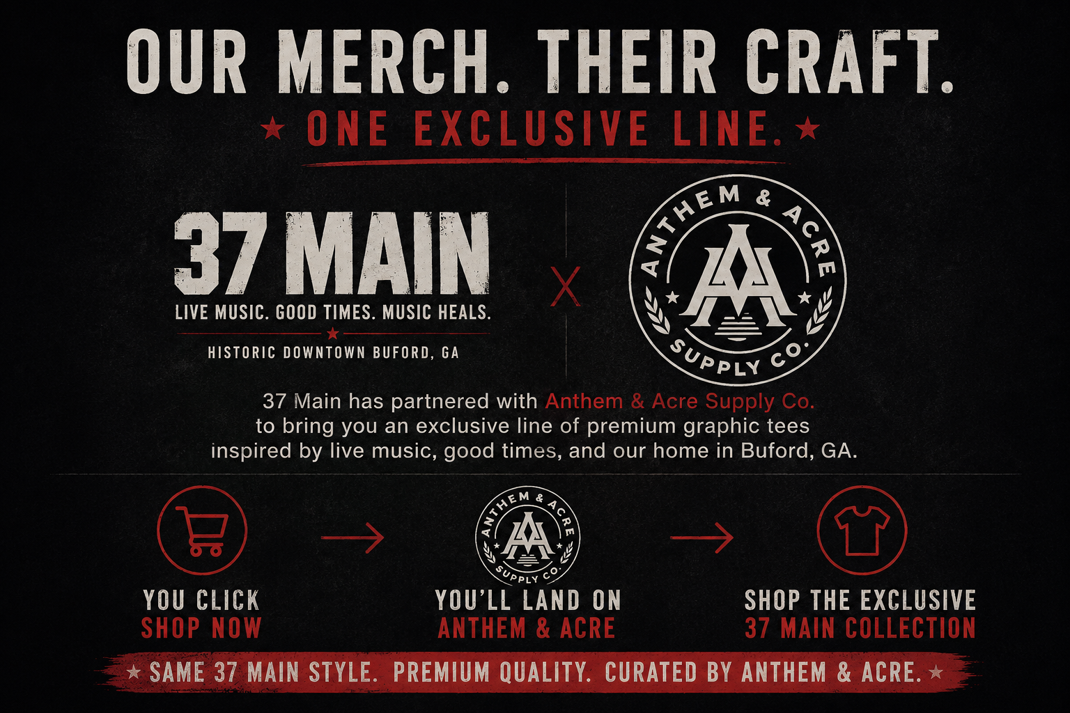 37 Main graphic tees designed with Anthem & Acre Supply Co., featuring exclusive live music-inspired merchandise from 37 Main in historic downtown Buford, Georgia.